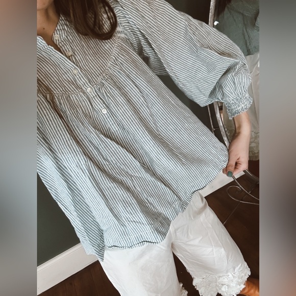 THE GREAT. Tops - The Great. The Shepherd Stripe Cotton & Linen Top Shirt Size 0